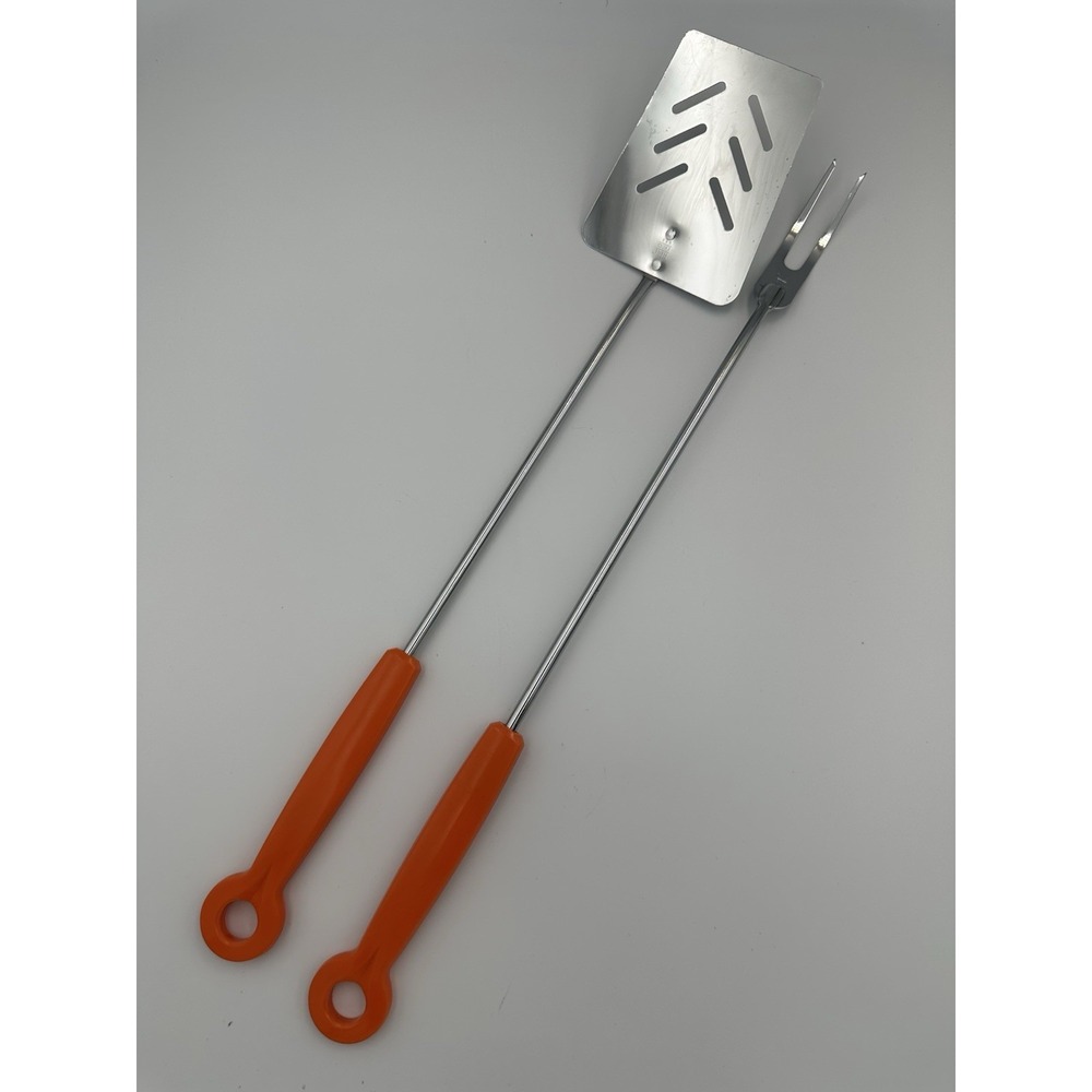 Vtg EKCO Chromium‎ Plated Grilling Slotted Spatula Meat Fork Long Orange Handle